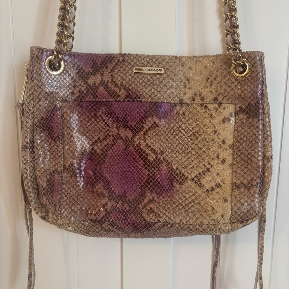 Rebecca Minkoff Python Embossed Leather Chain Strap Shoulder Bag Purple Tan Gold